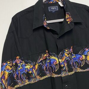 Roper Neon Cowboys Western Shirt‎ Mens Size XL Black 100% Cotton Broncos
